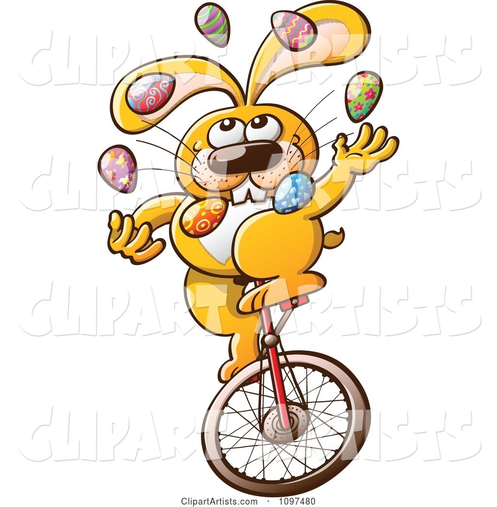 Talented Easter Bunny Juggling Eggs and Riding a Unicycle