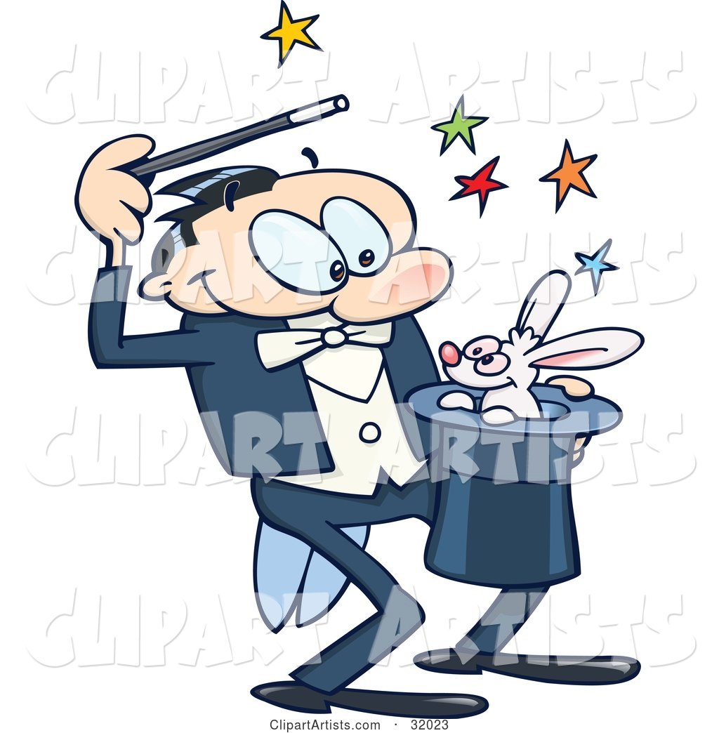 Talented Magician Luring a Rabbit out of a Hat, with Colorful Stars, on a White Background