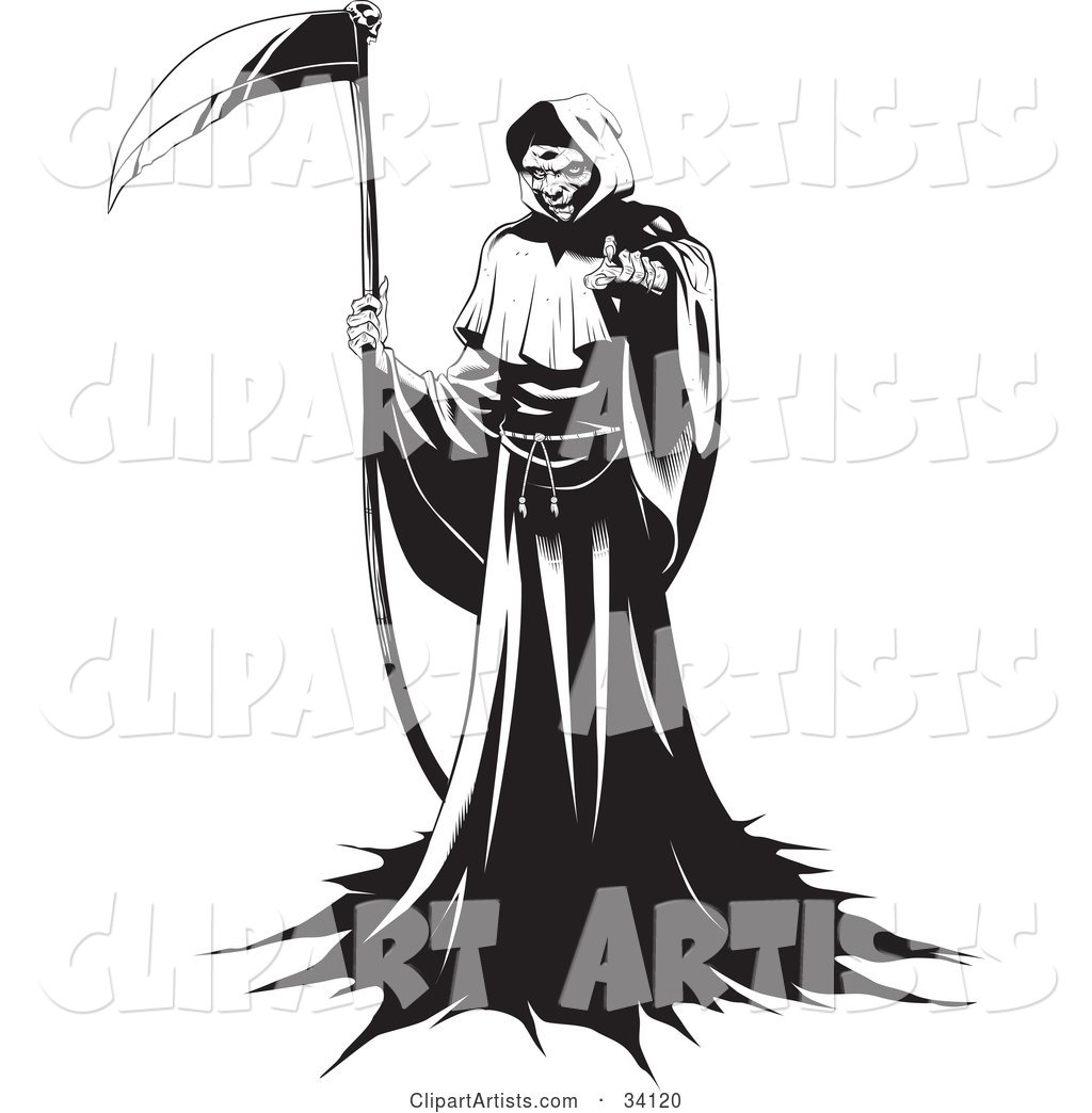 The Grim Reaper Standing in a Robe, Holding a Scythe and Beckoning for the Viewer to Come Forward
