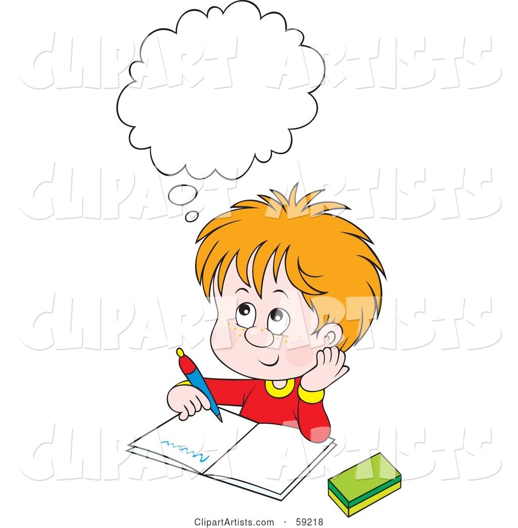 Thinking School Boy Doing His Homework