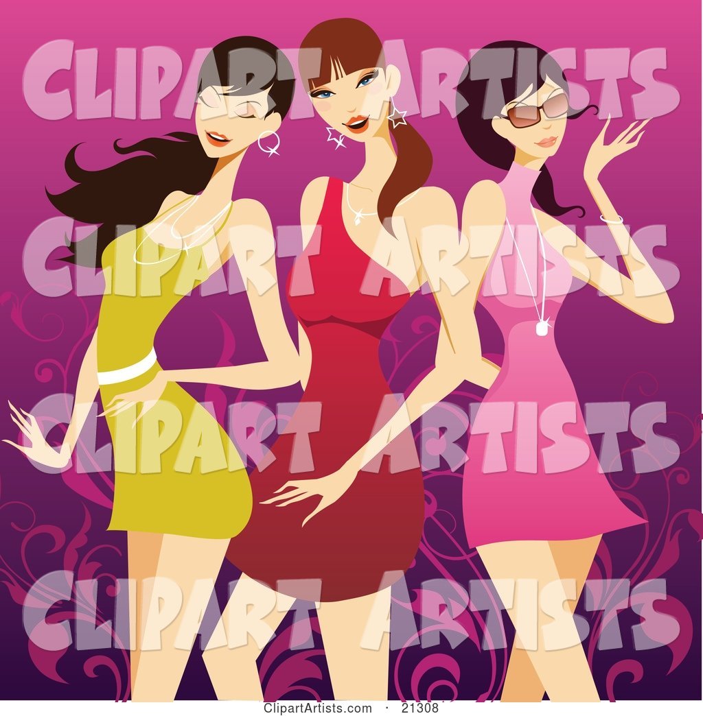 Three Beautiful Caucasian Women in Sexy Dresses, Standing over a Purple Scroll Background