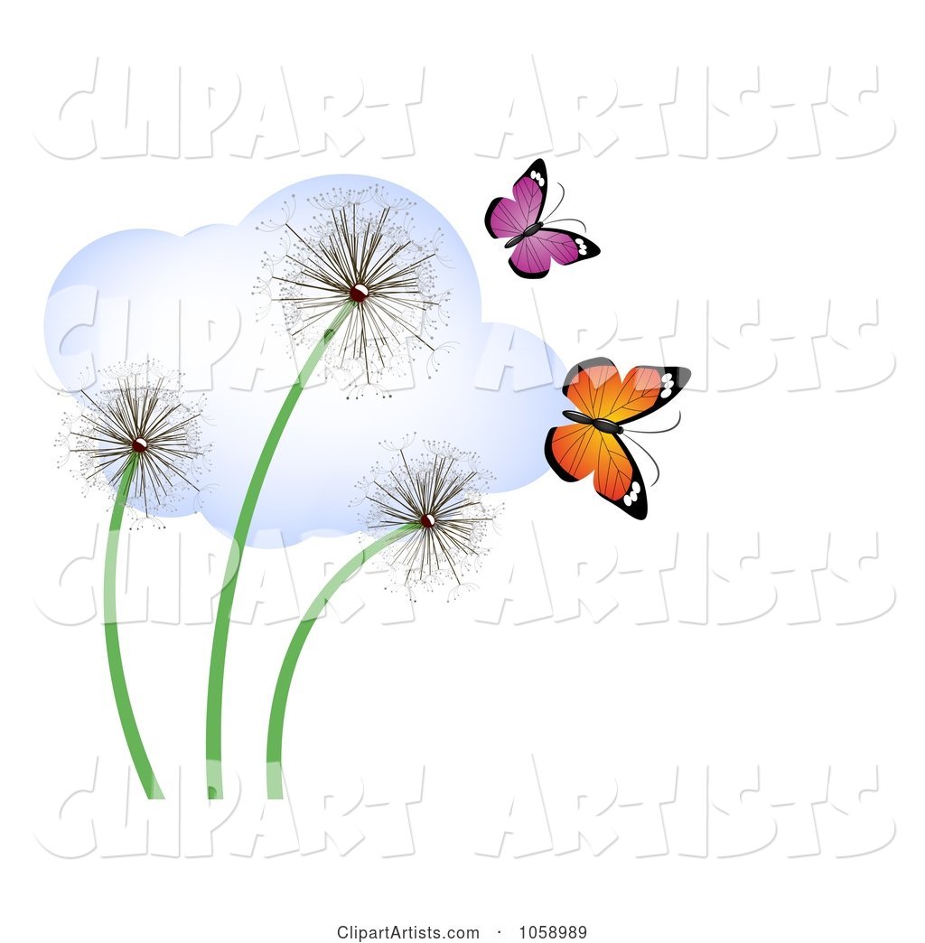 Three Dandelions with Butterflies and a Cloud