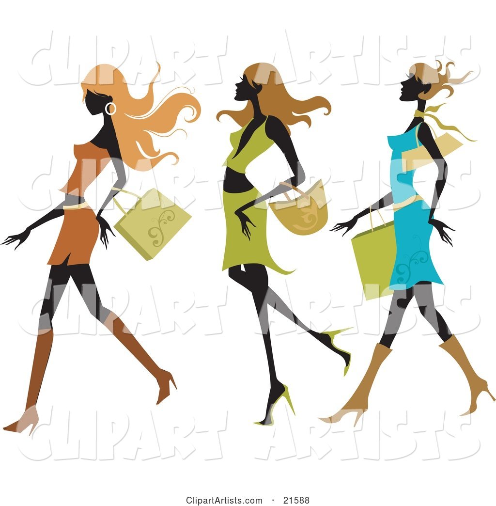Three Silhouetted Long Haired Women Wearing Colorful and Fashionable Clothes and Taking Long Strides While Shopping in a Mall