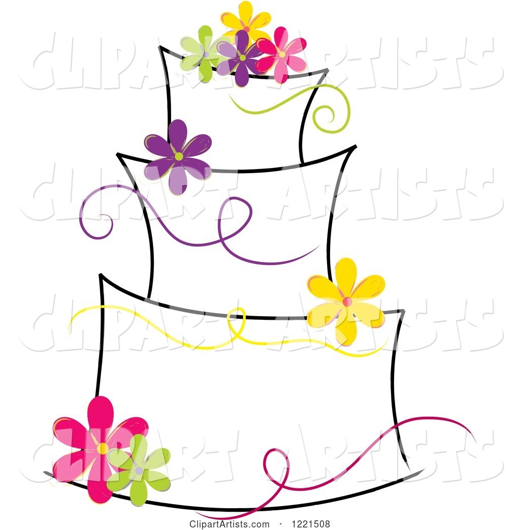 Three Tiered Cake with Colorful Flowers and Ribbons