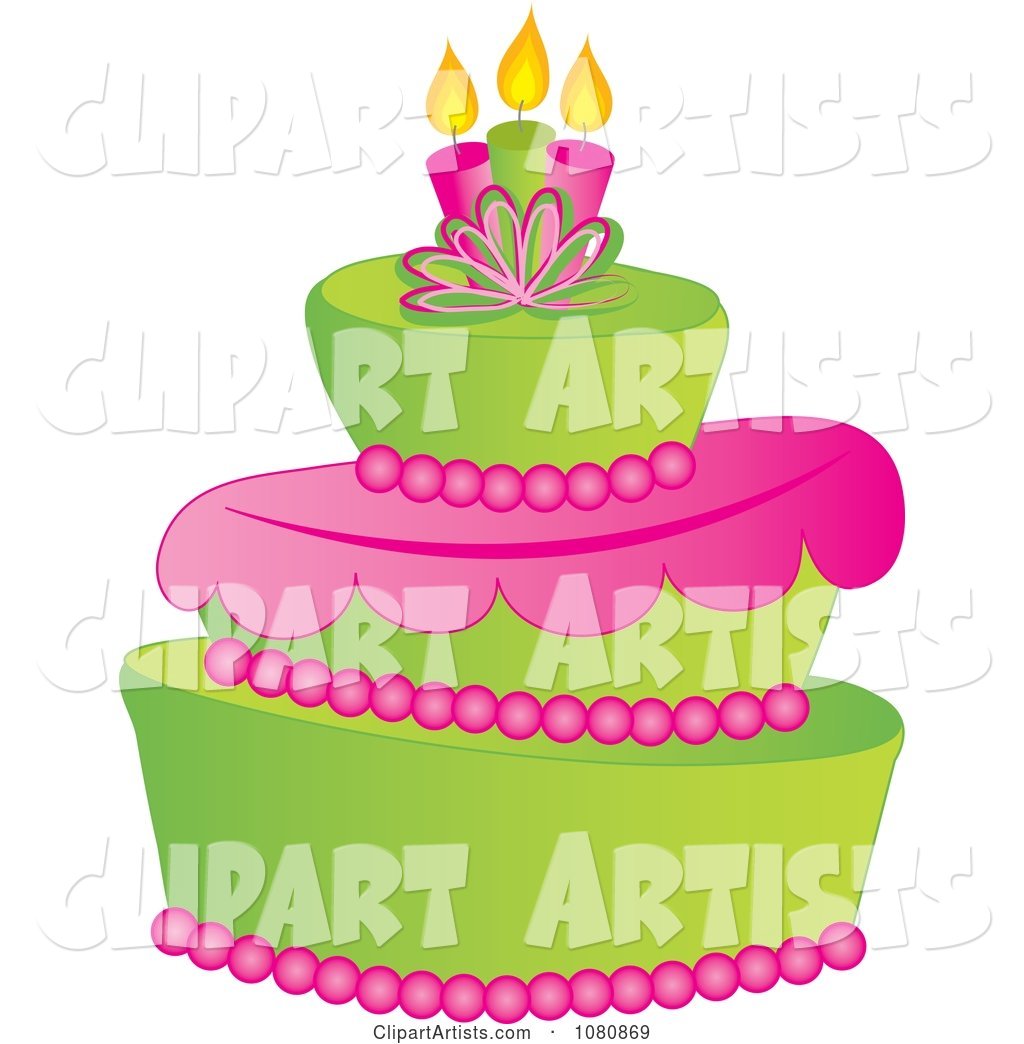 Three Tiered Green and Pink Fondant Cake with Birthday Candles