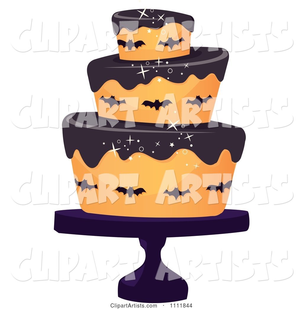 Three Tiered Halloween Cake with Bats and Black Frosting