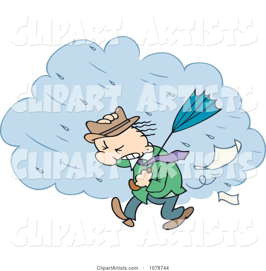 Toon Guy Walking Through a Strong Rain Storm