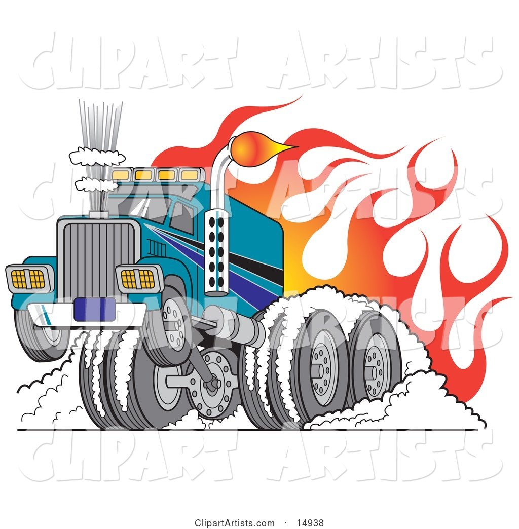 Tough Big Rig Hot Rod Truck Flaming and Smoking Its Rear Tires Doing a Burnout in Flames and a Wheelie Clipart Illustration