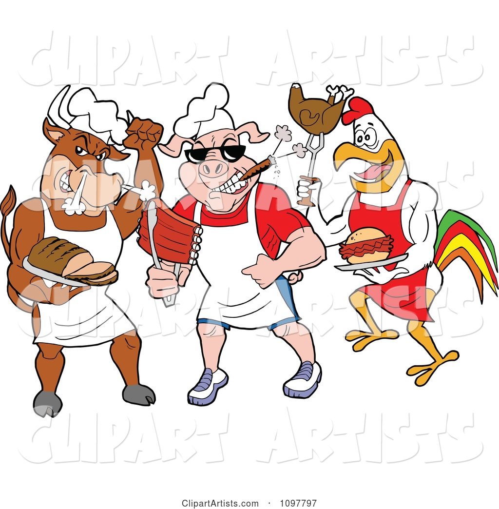 Tough Cow Pig and Rooster Chefs Holding Poultry Pork and Beef