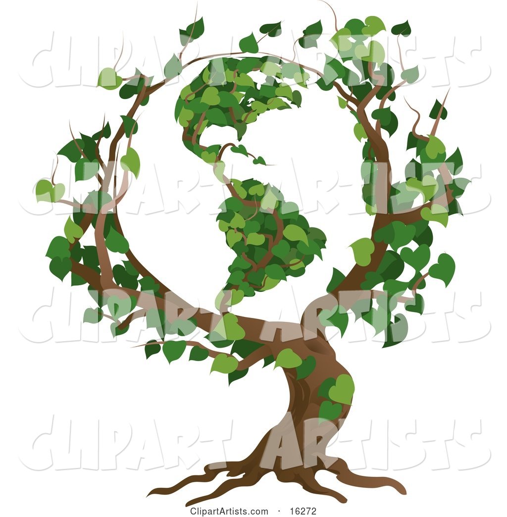 Tree with Branches Growing in the Shape of the Earth with the America's Featured