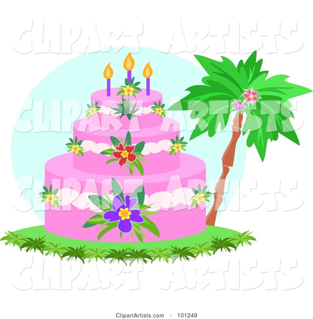 Tropical Tiered Birthday Cake with Hibiscus Flowers and Candles near a Palm Tree