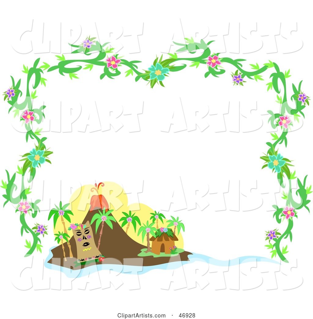 Tropical Volcano, Hibiscus and Hut Border