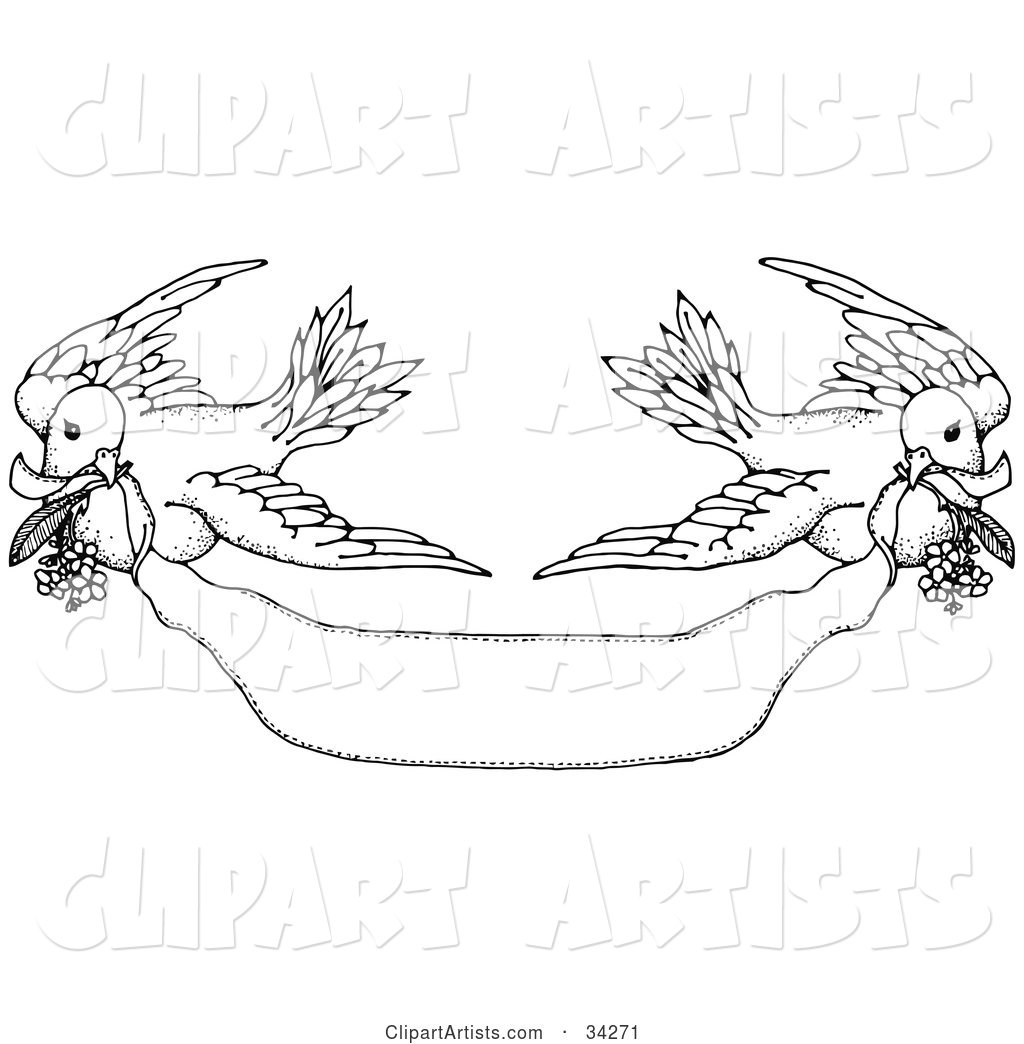 Two Black and White Turtle Doves Flying a Banner with Flowers in Their Mouths