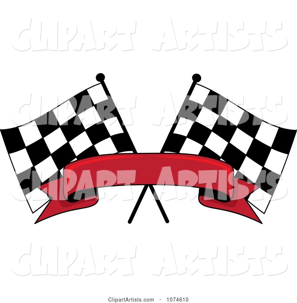 Two Crossed Checkered Racing Flags and a Red Banner