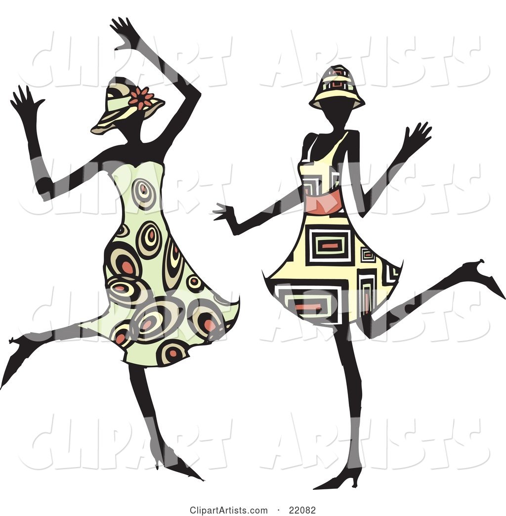 Two Energetic Women in Hats and Fashionable Dresses, Dancing at a Party and Having Fun