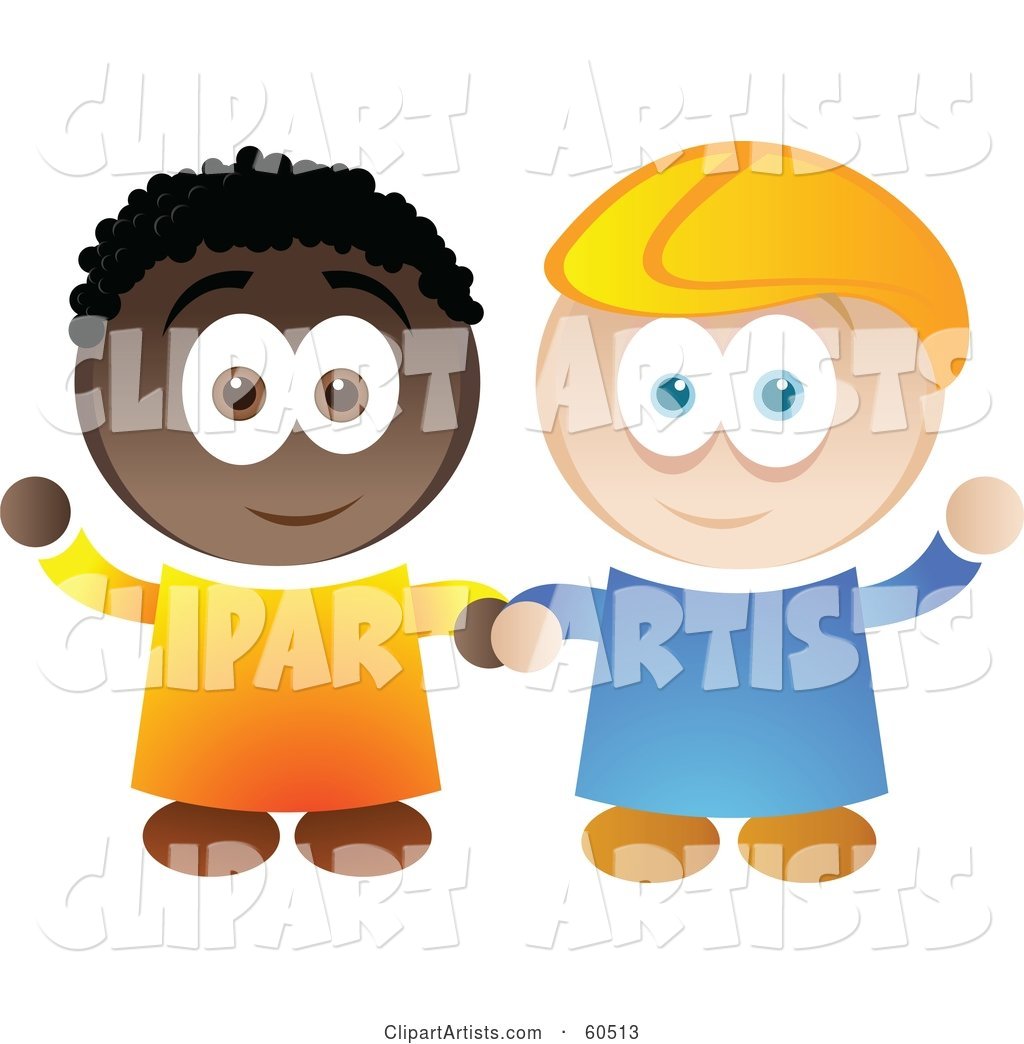 Two Friendly African American and Caucasian Boys Holding Hands and Waving