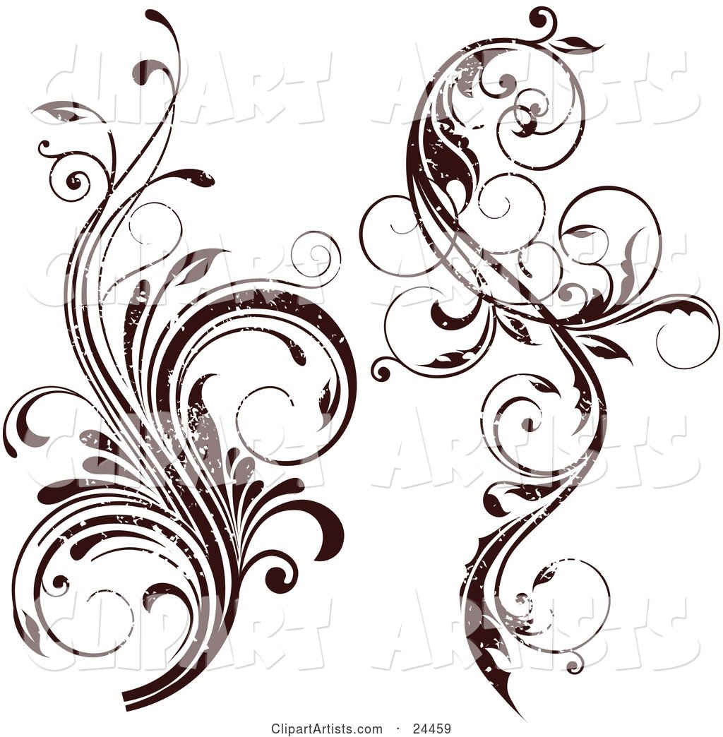 Two Grunge Worn Flourished Vines over a White Background