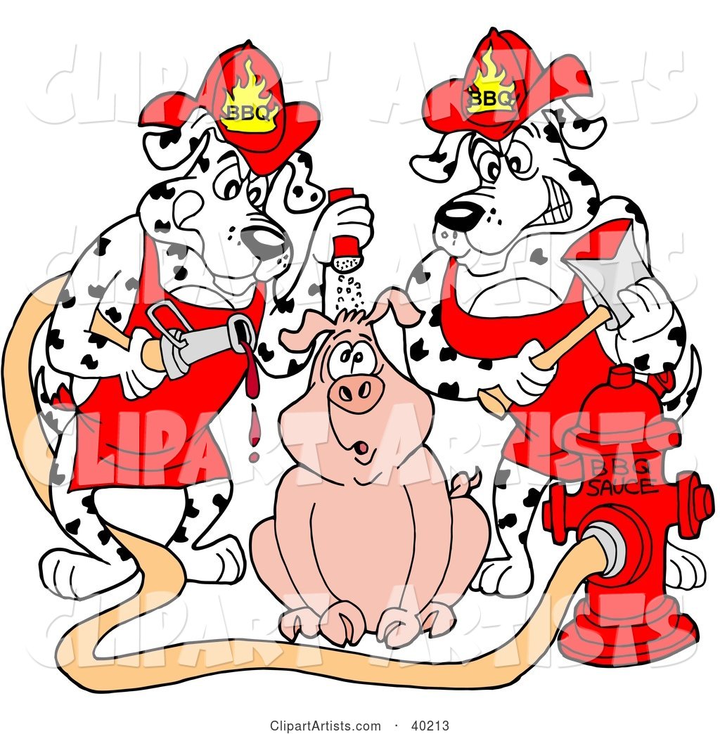 Two Hungry Fire House Dalmatian Dogs Pouring Bbq Sauce on a Pig