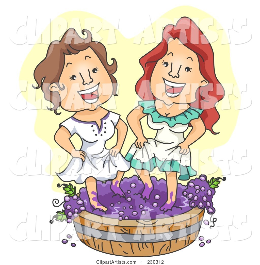 Two Women Stomping Grapes over Yellow