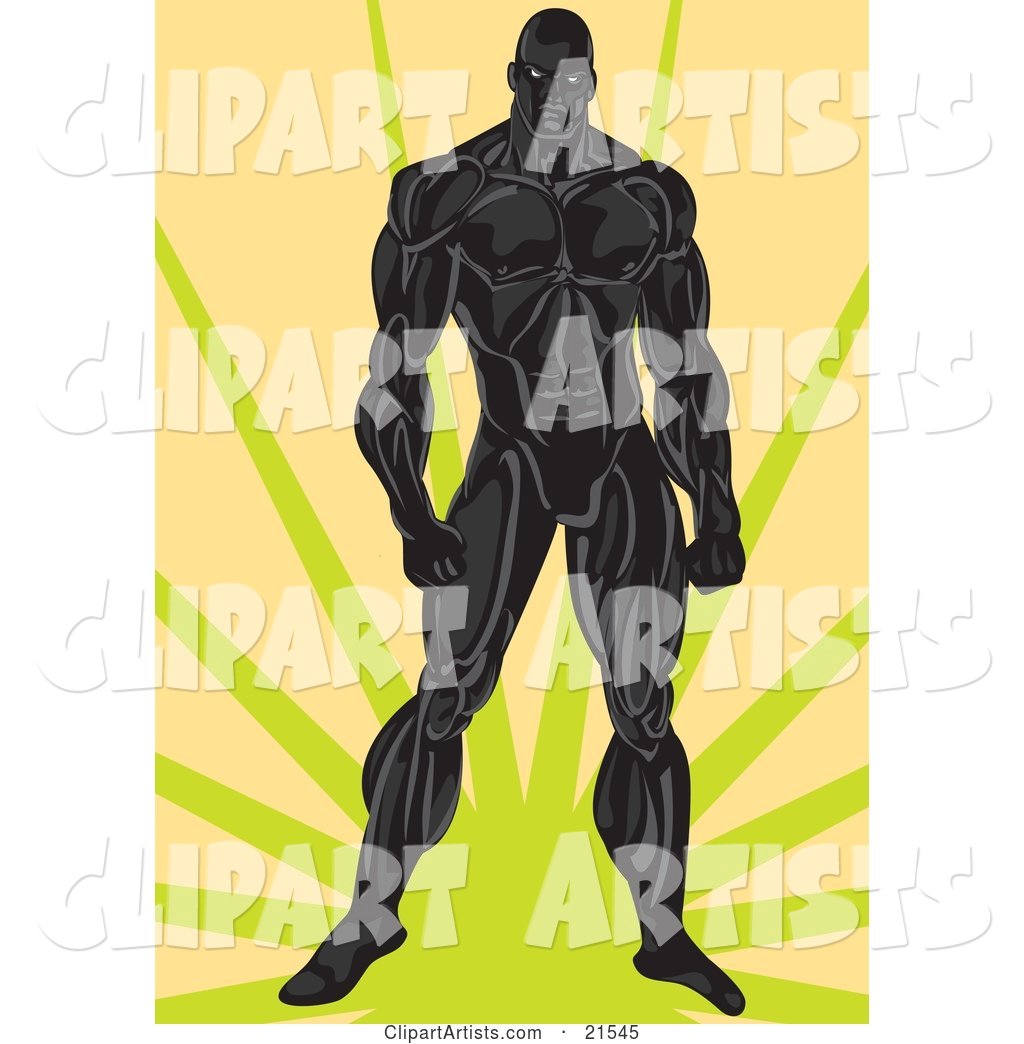 Very Muscular Man in Black, Standing over a Green and Orange Background