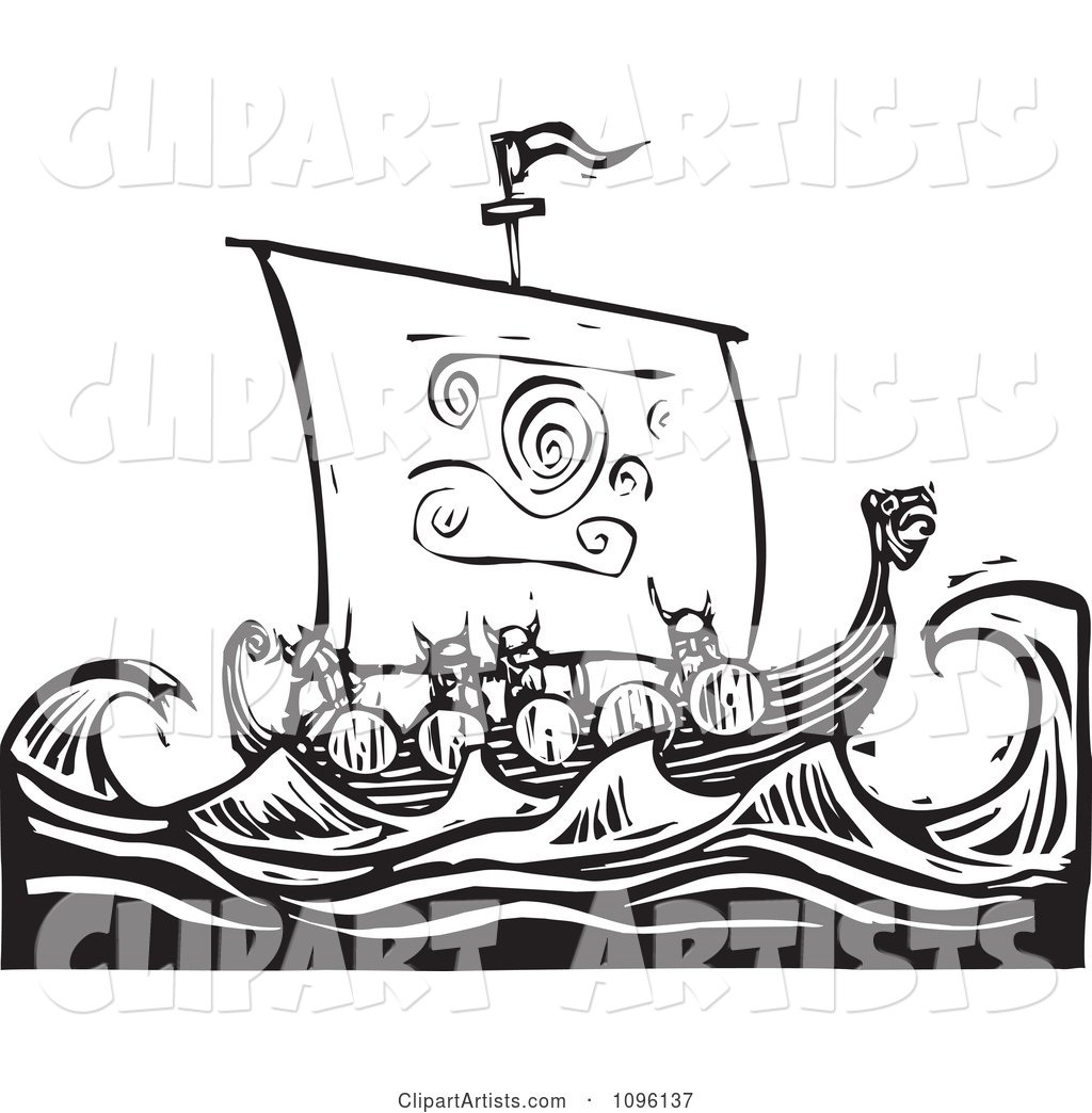 Viking Warriors and a Dragon Ship at Sea Black and White Woodcut