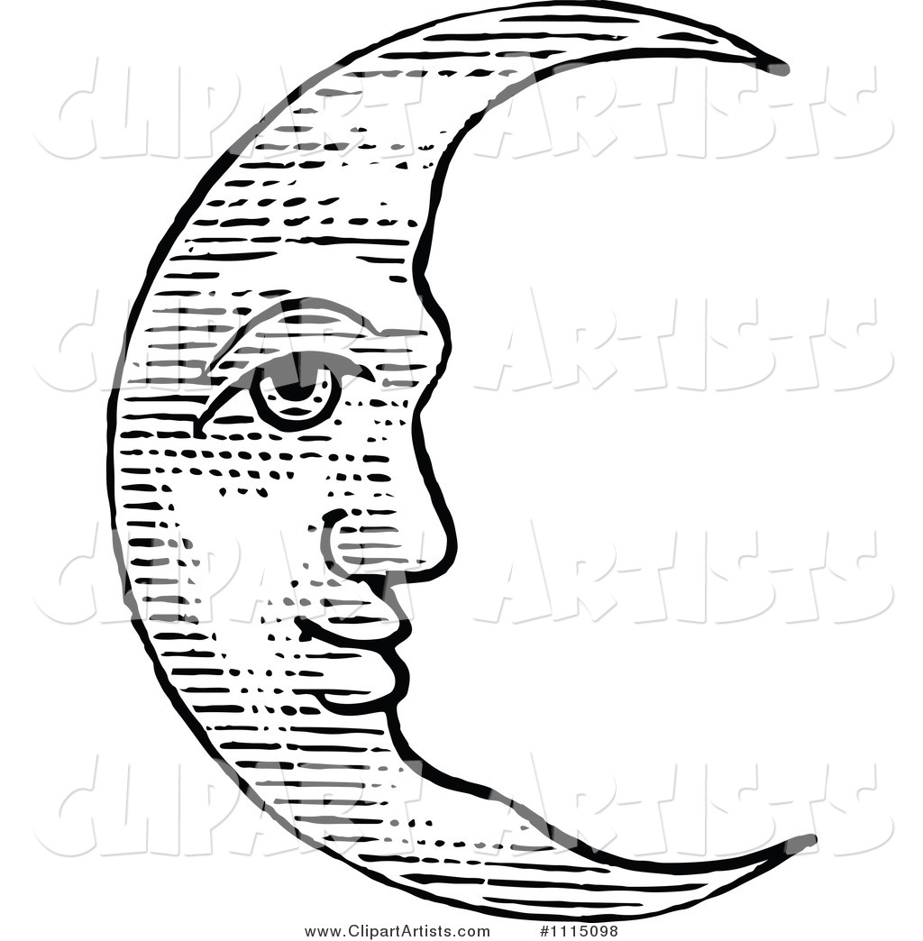 Vintage Black and White Crescent Moon Face