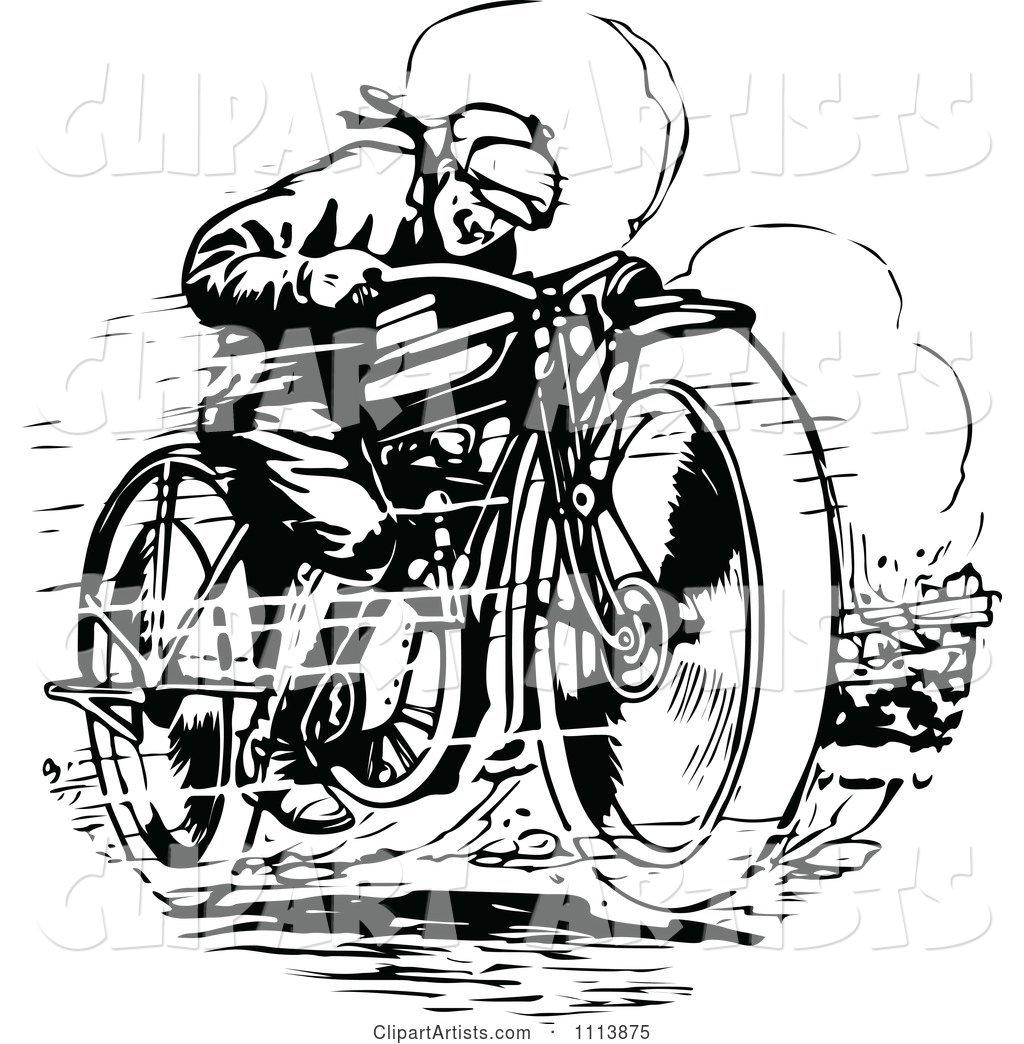 Vintage Black and White Man Racing a Motorcycle