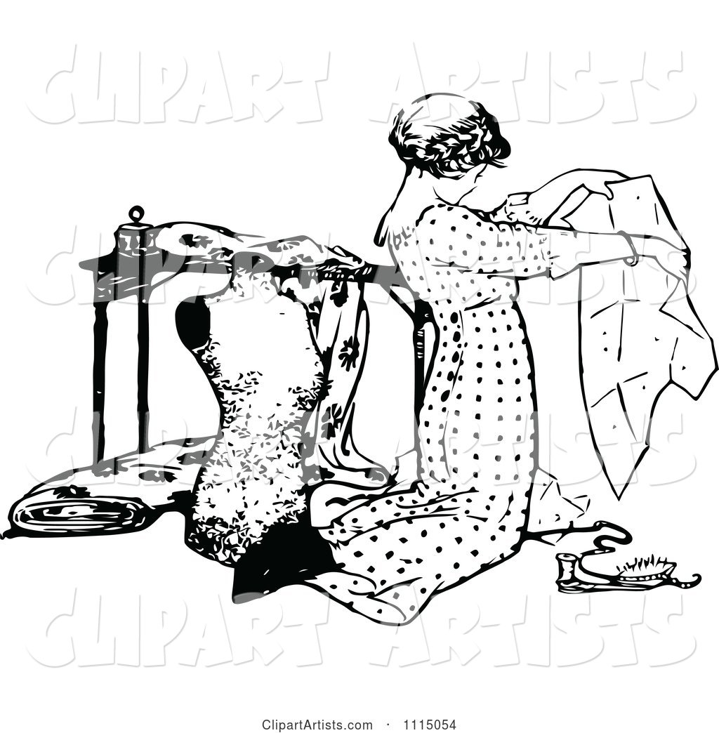 Vintage Black and White Seamstress Kneeling and Working