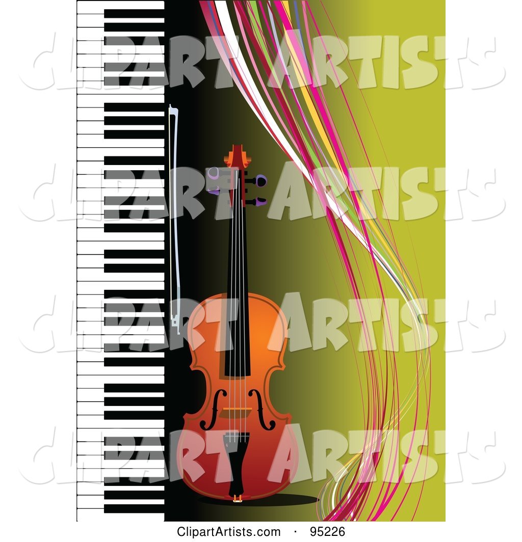 Violin by a Piano on Green with Colorful Waves