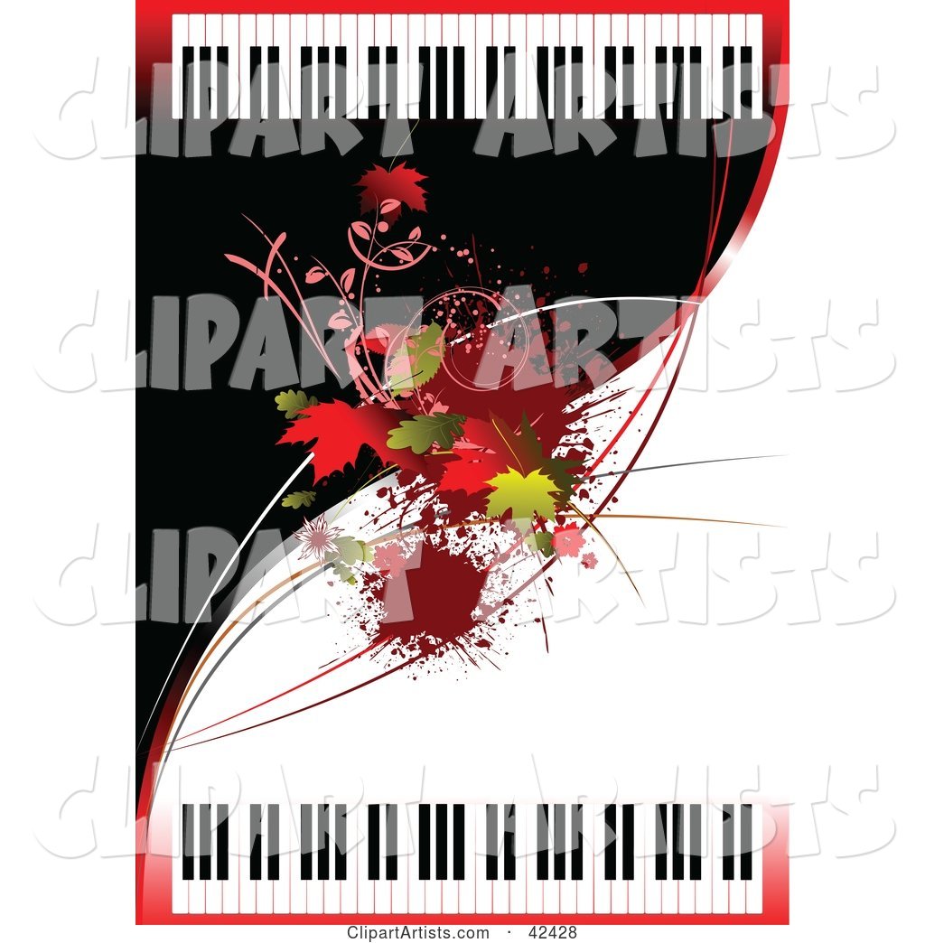 Wavy Black and White Background with Leaves and Pianos