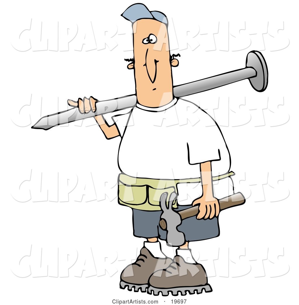 White Construction Worker Guy Carrying a Giant Nail over His Shoulder and a Hammer in His Hand