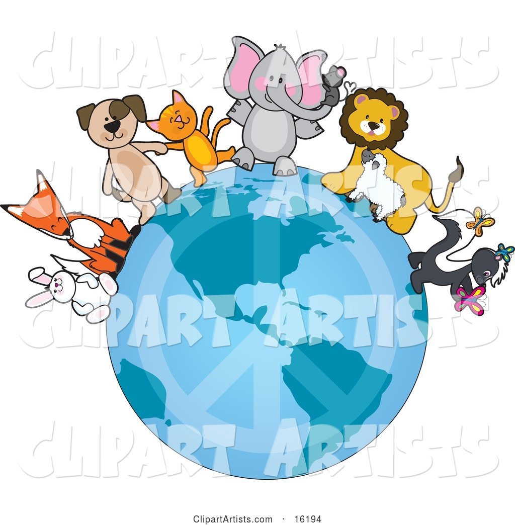 White Rabbit, Fox, Brown Dog, Orange Cat, Elephant with a Mouse on Its Trunk, Lion Talking to a Sheep, and Skunk Playing with Butterflies Standing on the Earth with a Faded Peace Symbol, Standing for Peace on Earth