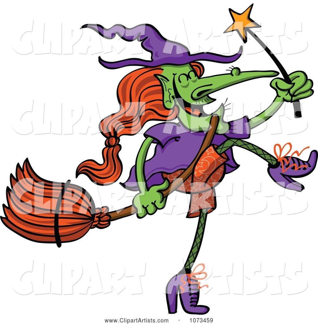 Wicked Halloween Witch Dancing with a Wand and Broom