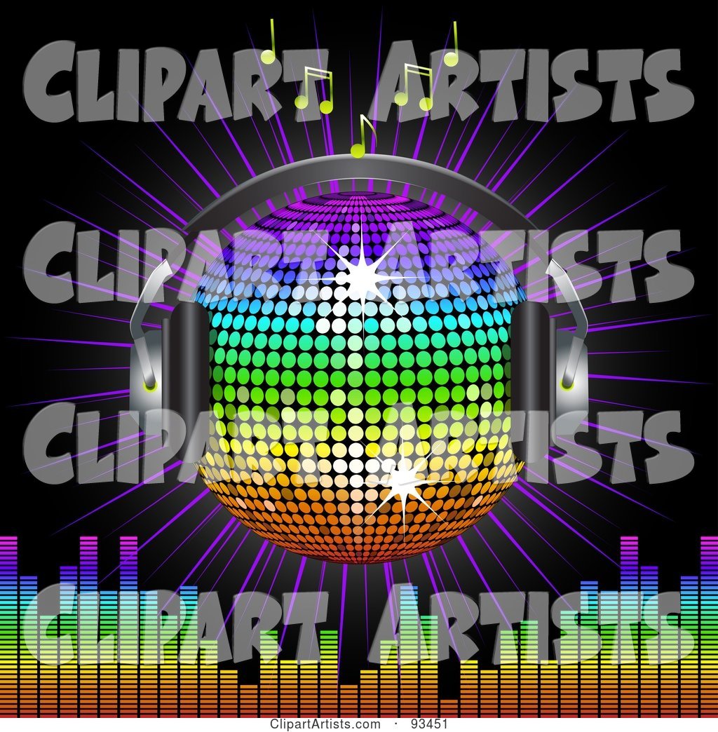 Winged Rainbow Disco Ball Globe with Headphones with Music Notes, a Burst and a Equalizer Bars, on Black