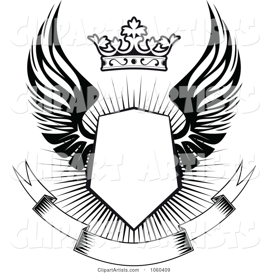 Winged Shield with a Crown and Blank Banner - 2