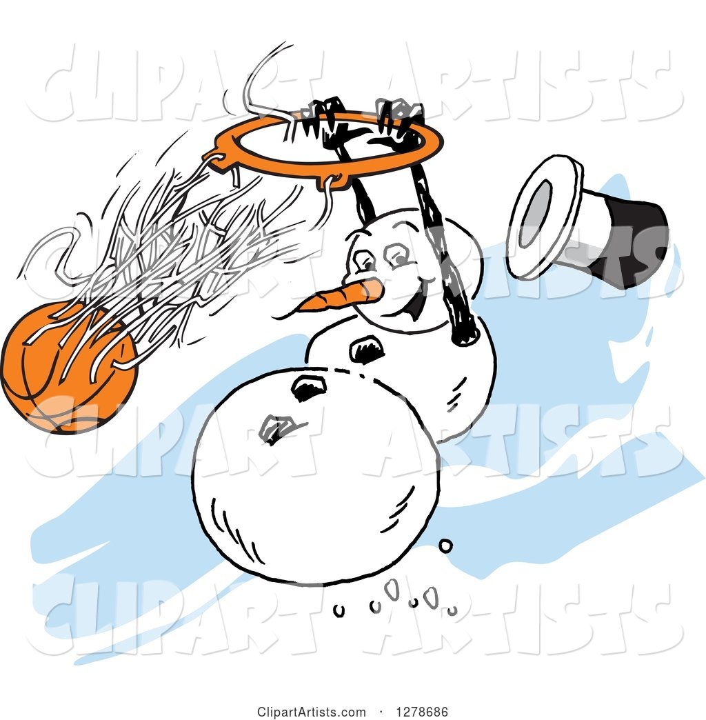 Winter Snowman Slam Dunking a Basketball over Blue Streaks