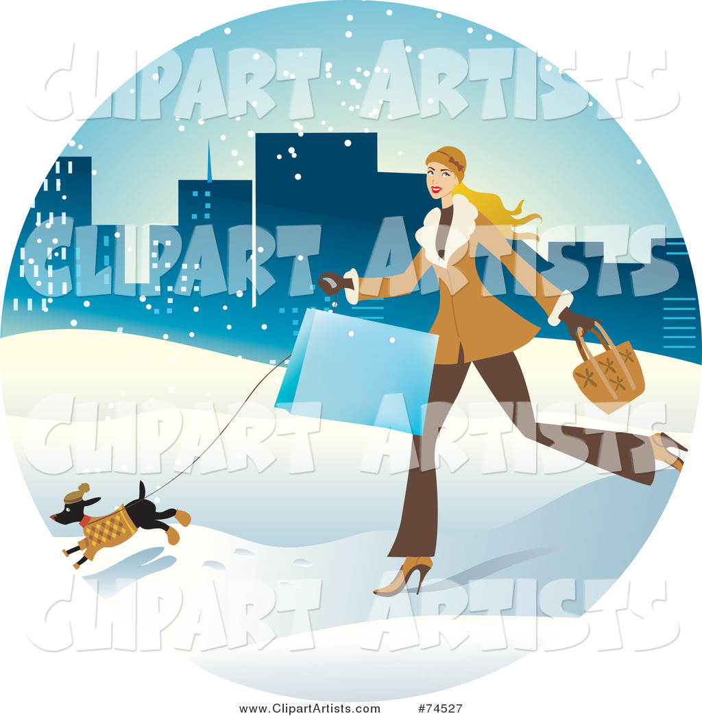 Woman and Dog Running Through the Snow with Shopping Bags