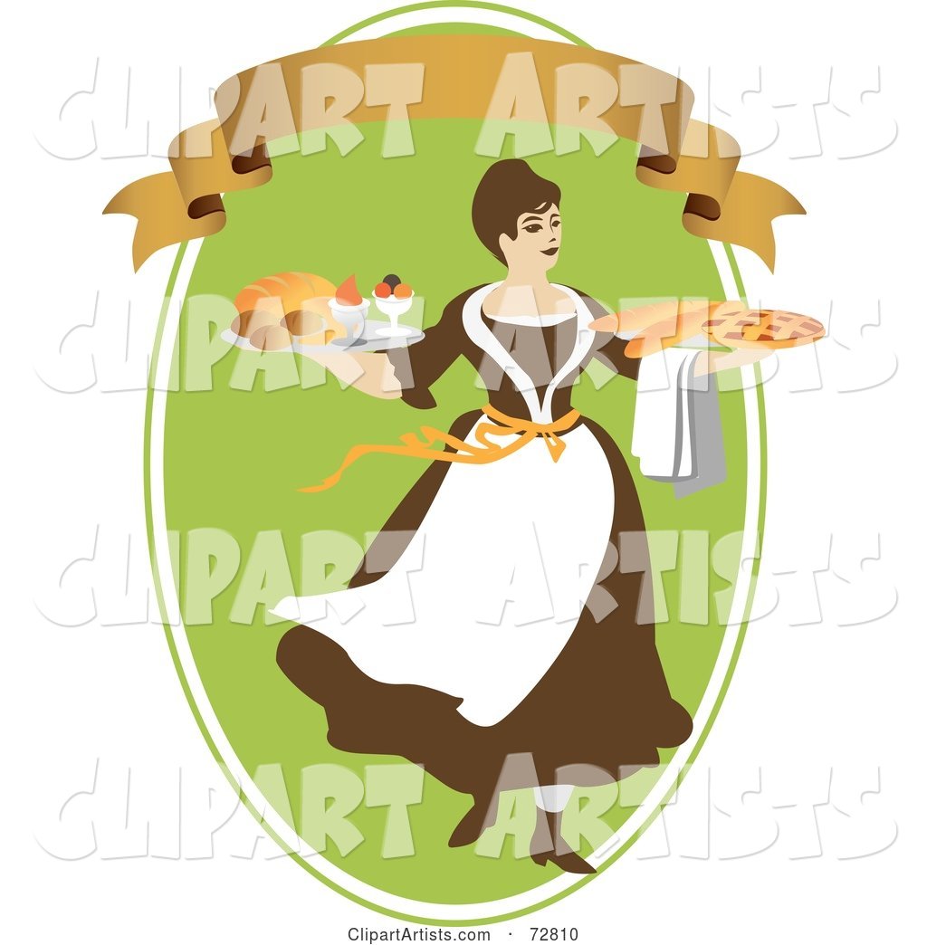 Woman Carrying Breads and Pie on Platters over a Green Oval with a Blank Banner