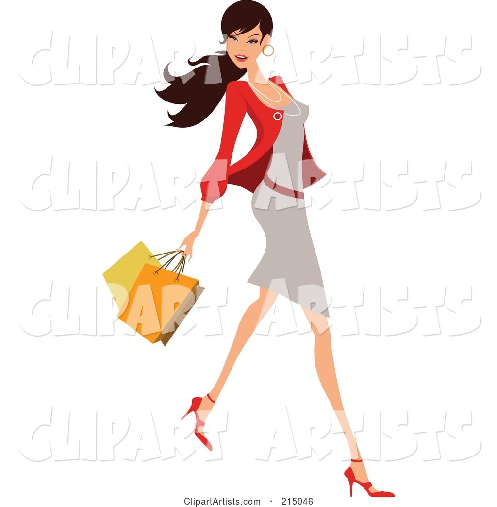 Woman Shopping in a Gray Dress and Red Blazer - Full Body