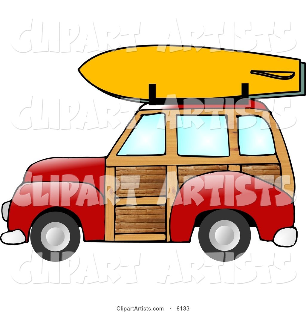 Woody Car with a Surfboard on the Roof Rack