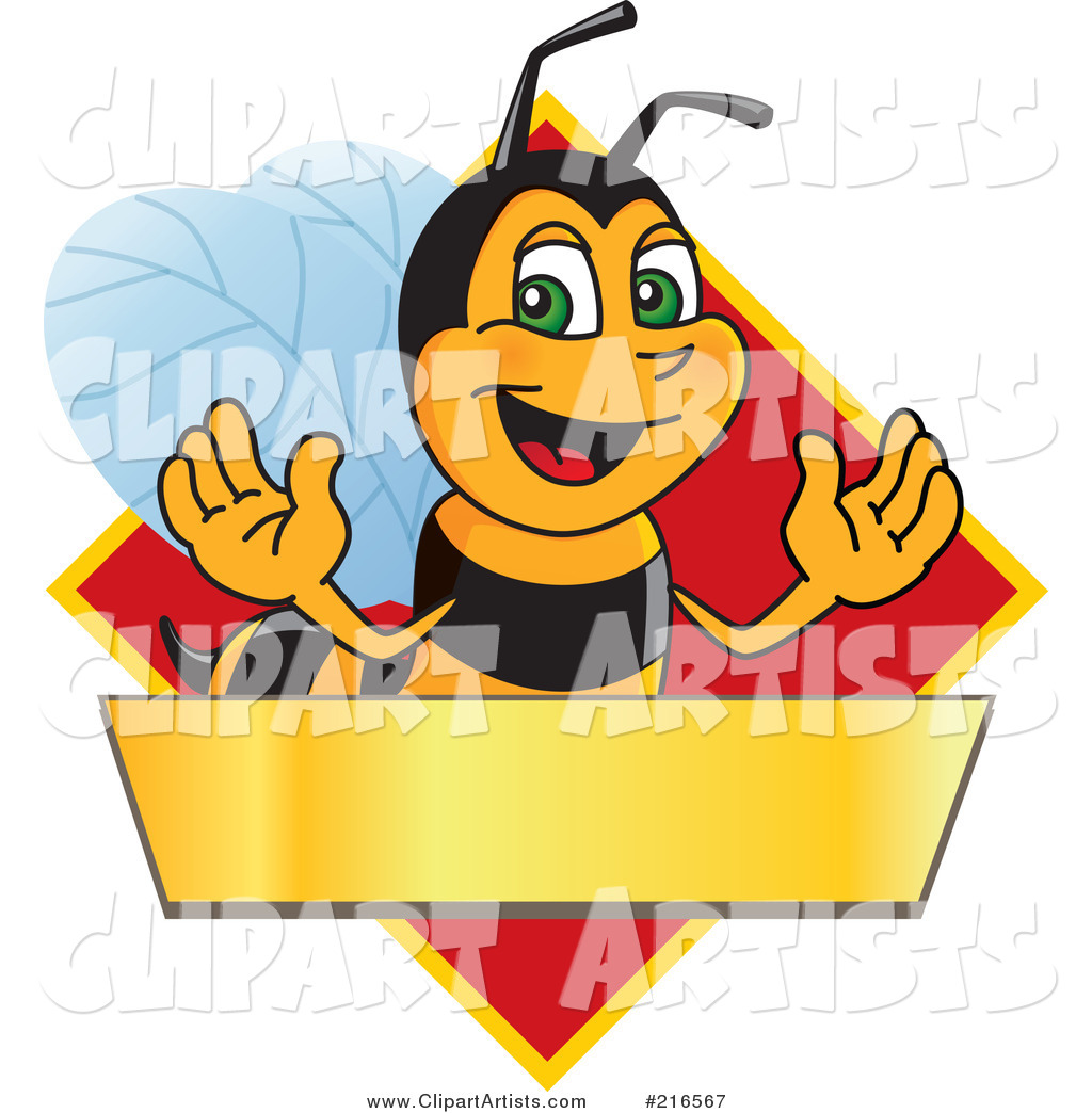 Worker Bee Character Logo Mascot over a Blank Banner on a Red Diamond