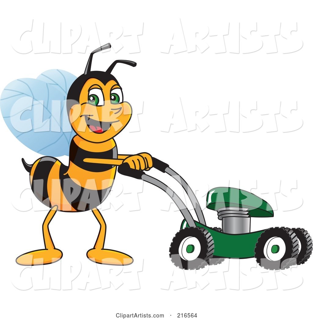 Worker Bee Character Mascot Using a Lawn Mower