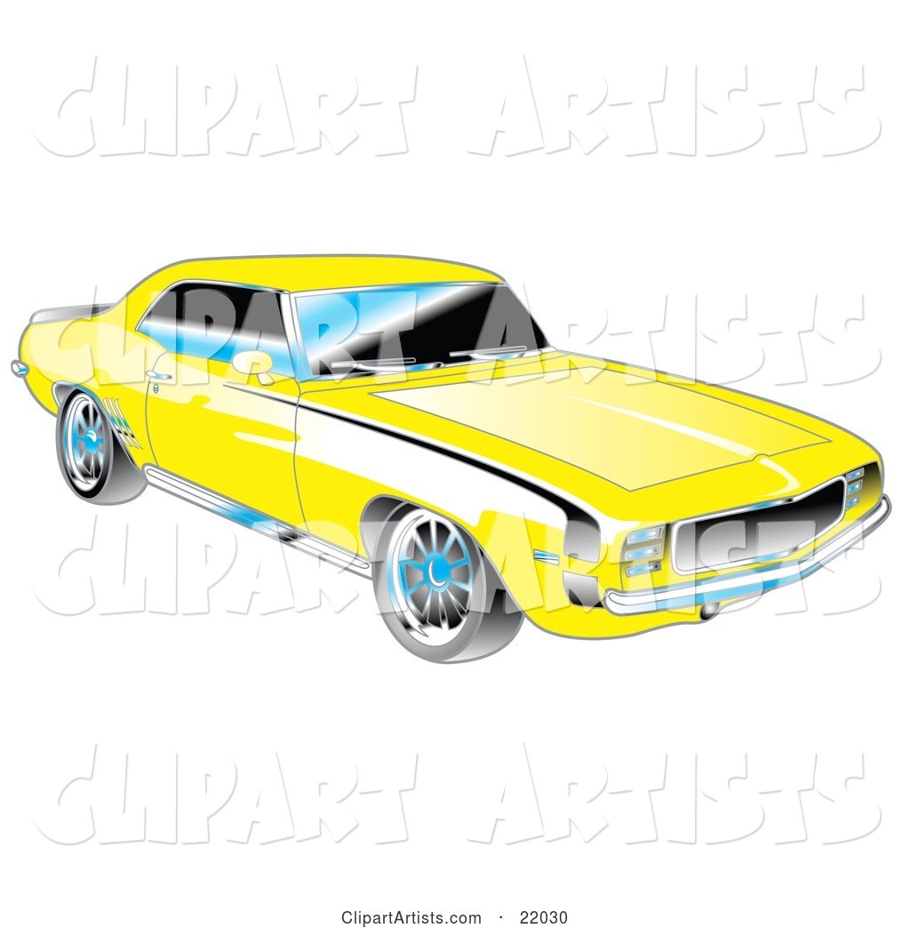 Yellow 1969 Chevrolet RS/SS Camaro Muscle Car with Black Stripes on the Sides and Chrome Detailing