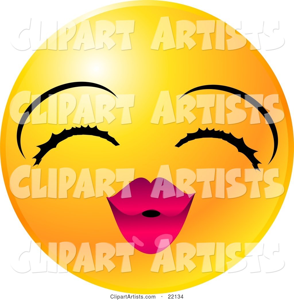 Yellow Emoticon Face Lady with Eyelashes and Pink Lips, Puckering up for a Kiss