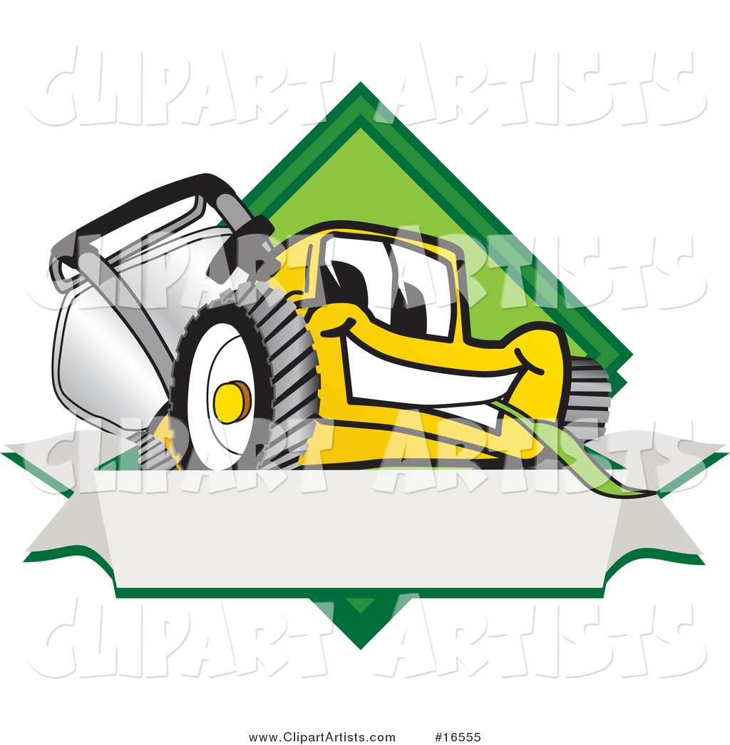 Yellow Lawn Mower Mascot Cartoon Character Facing Front on a Diamond Shaped Logo with a Blank White Banner