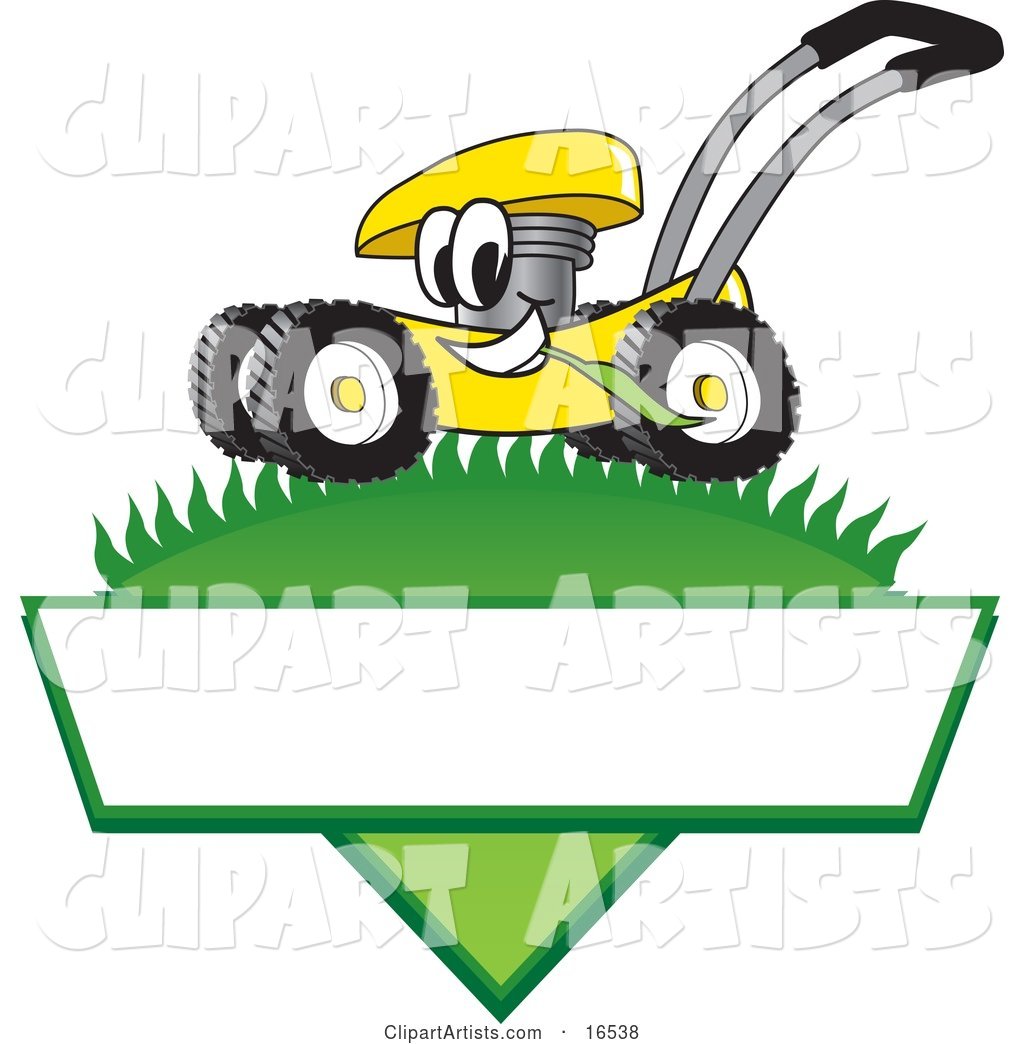 Yellow Lawn Mower Mascot Cartoon Character Mowing Grass over a Blank White Label