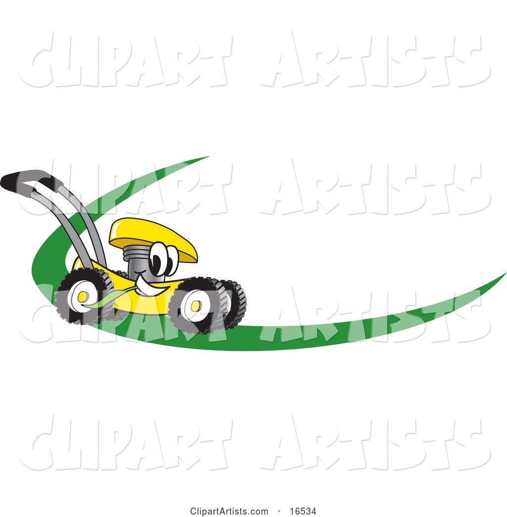 Yellow Lawn Mower Mascot Cartoon Character on a Logo or Nametag with a Green Dash