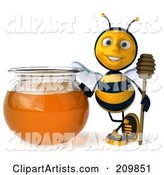 Bee Character Holding a Honey Wamd by a Bowl of Honey