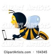 Bee Character Laying on the Floor and Using a Laptop, Facing Left