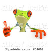 Cute Green Poison Dart Frog Giving the Thumbs up and Standing Behind a Blank Sign